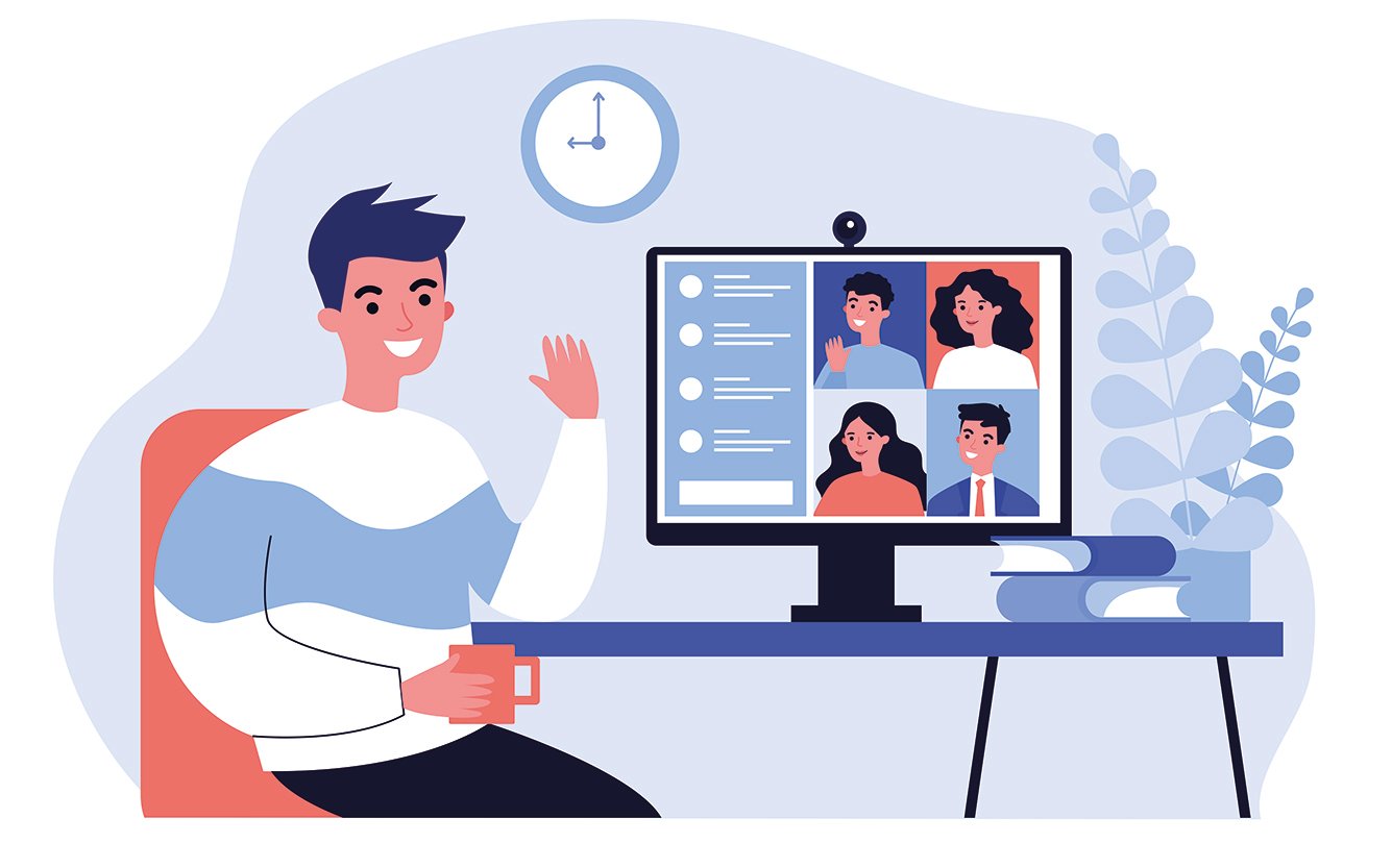 Animerad bild med ung kille som sitter i digitalt möte och vinkar till mötesmedlemmar.