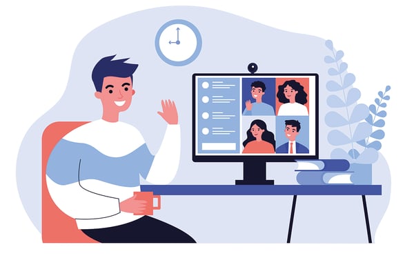 Animerad bild med ung kille som sitter i digitalt möte och vinkar till mötesmedlemmar.